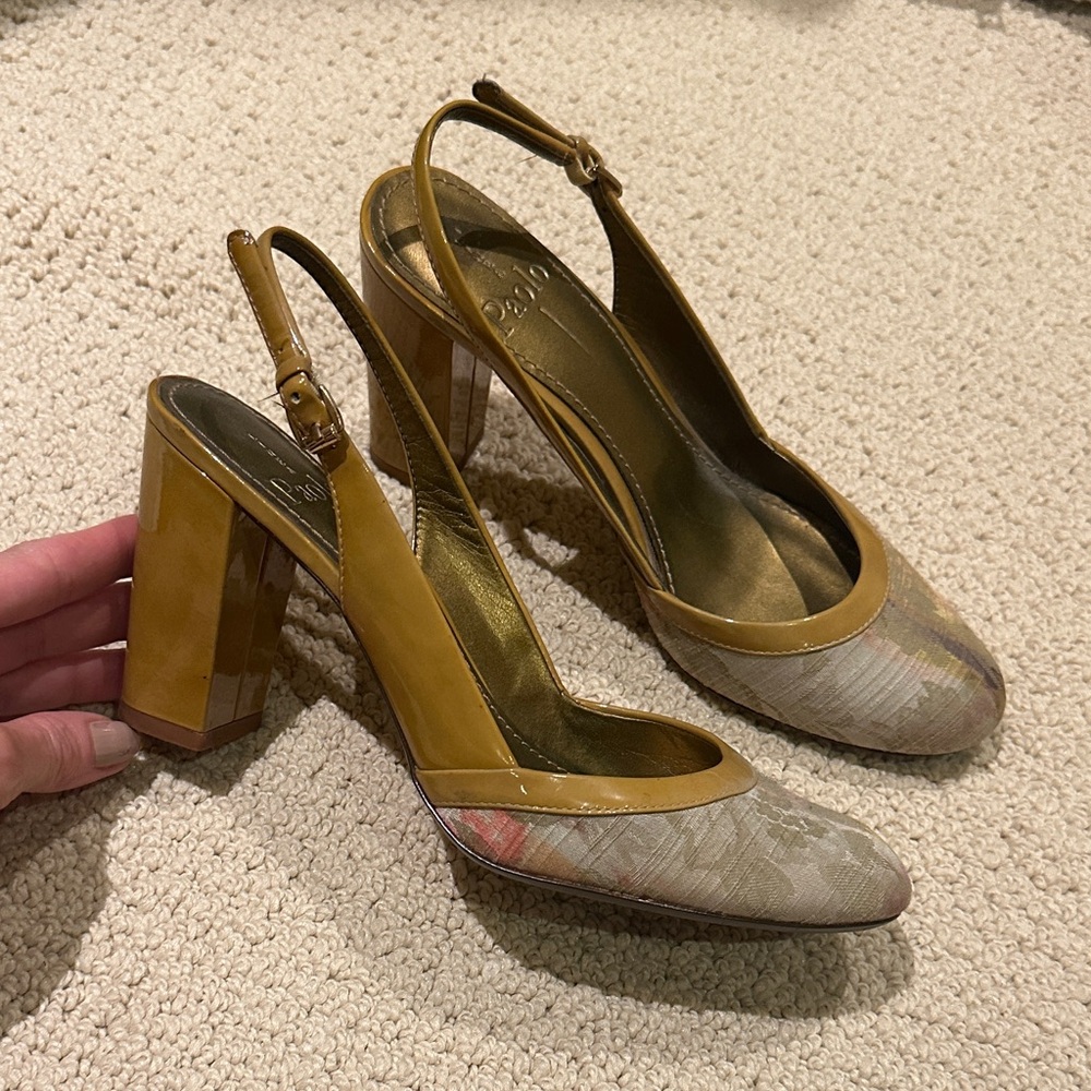 Linao Paolo sweet tapestry and patent leather sling backs heels